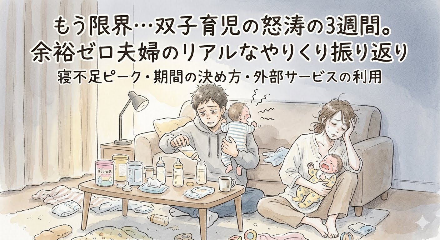 双子育児で寝不足の夫婦のイラスト